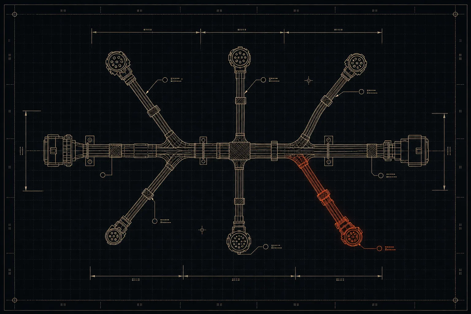 Stylised dark-mode harness formboard drawing with a highlighted branch